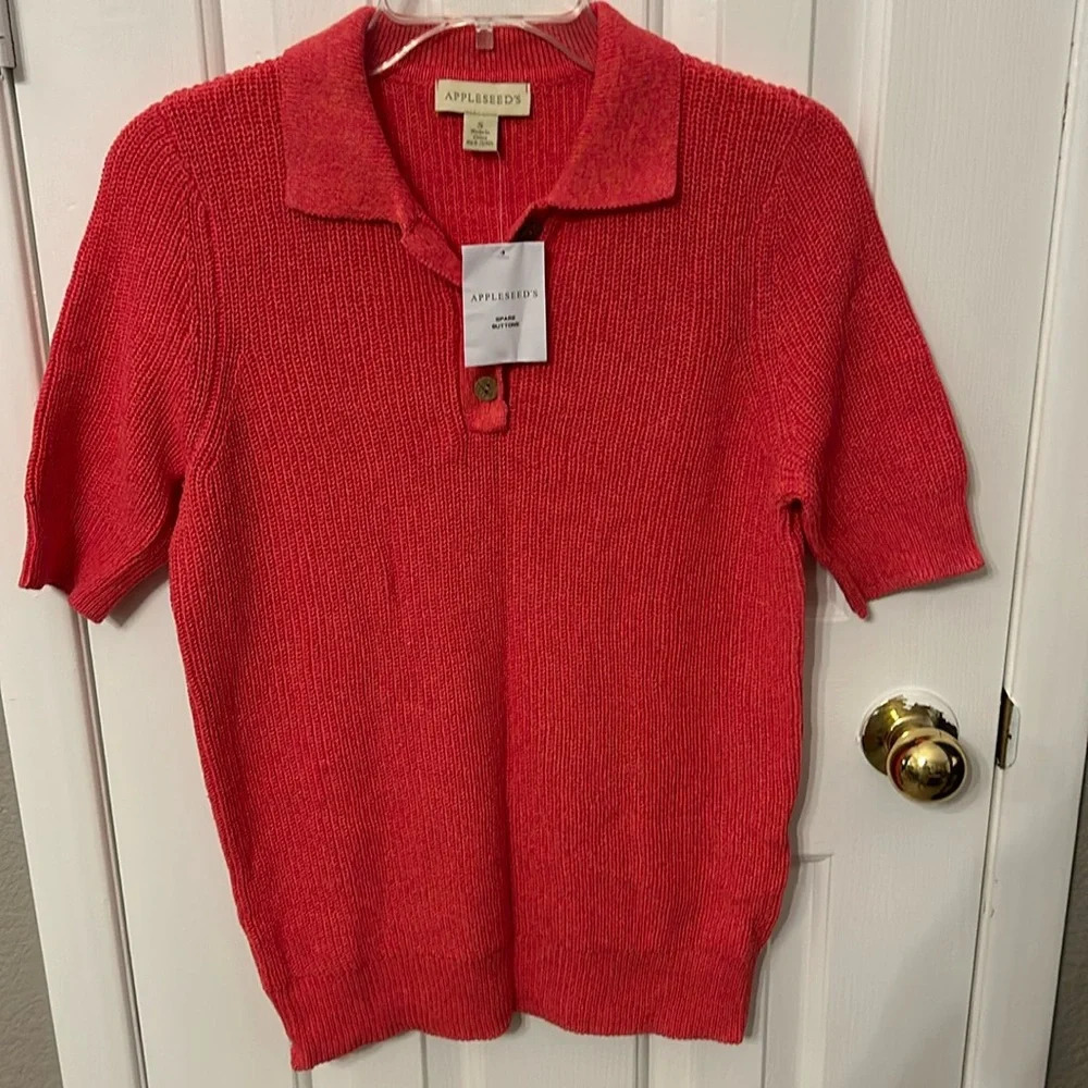 Appleseeds Women’s (S) Pink Polo Style Linen Blend Pullover Sweater  NWT